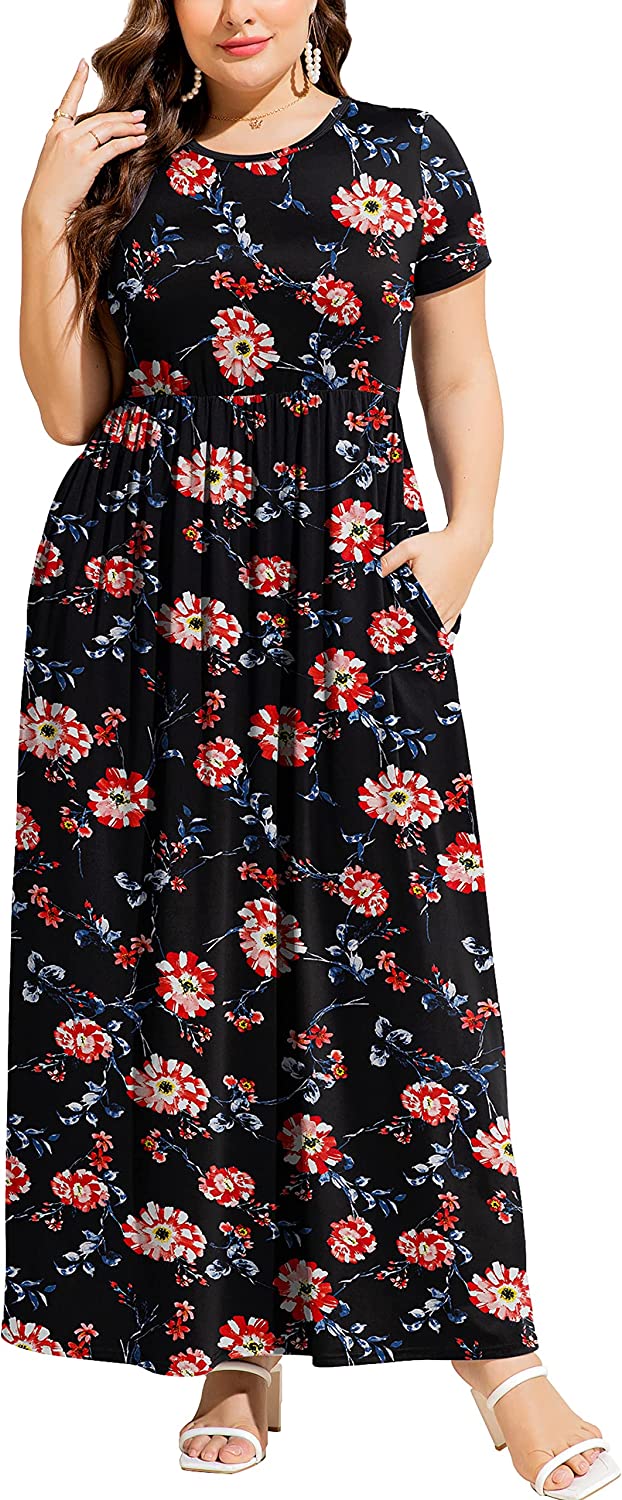 SHOPESSA Plus Size Clothes for Women Plus Size Fashion Women Floral Printed  V-Neck Short Sleeve Casual Dress 