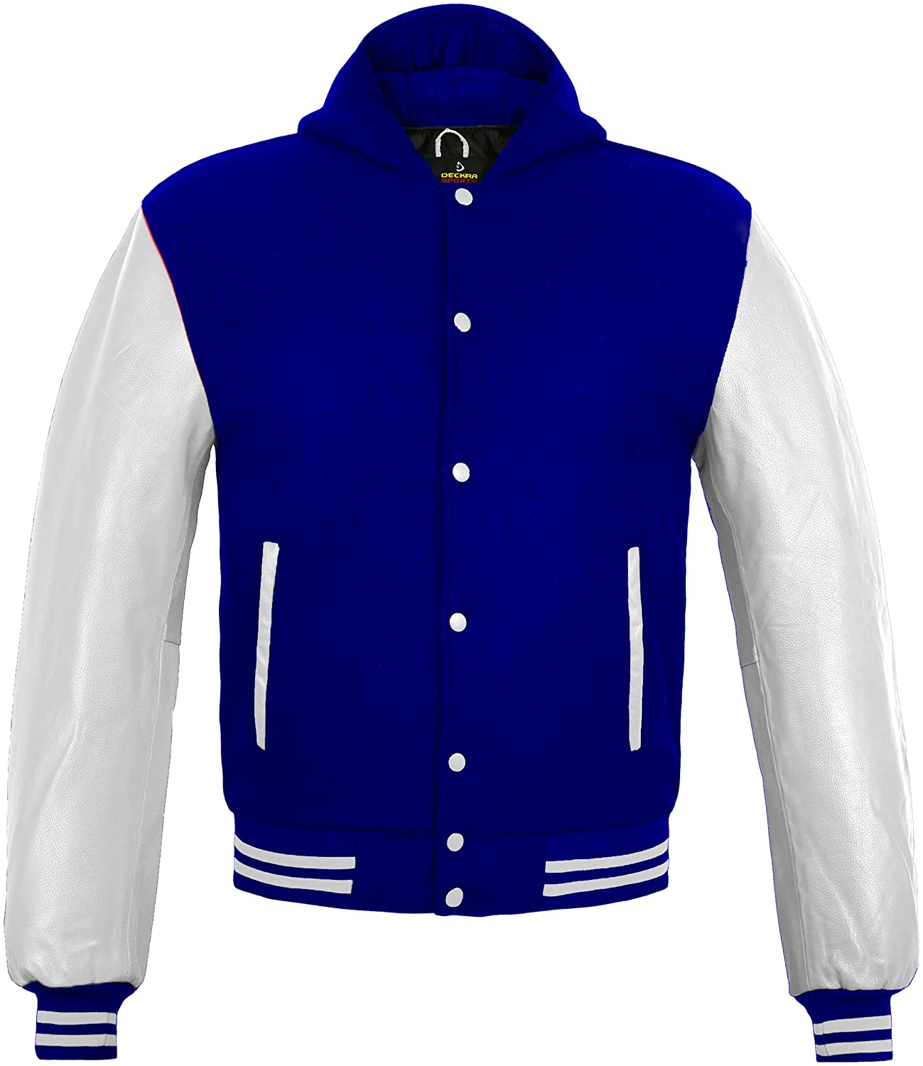Deckra Men's Varsity Jacket Genuine Leather Sleeve and Wool Blend Letterman Boys College Varsity Jackets XS-5XL