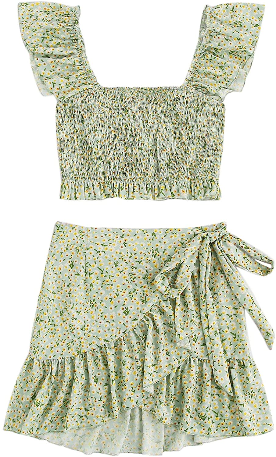 MakeMeChic Women's Two Piece Ruffle Trim Cami Crop Top and Wrap Skirt Set 