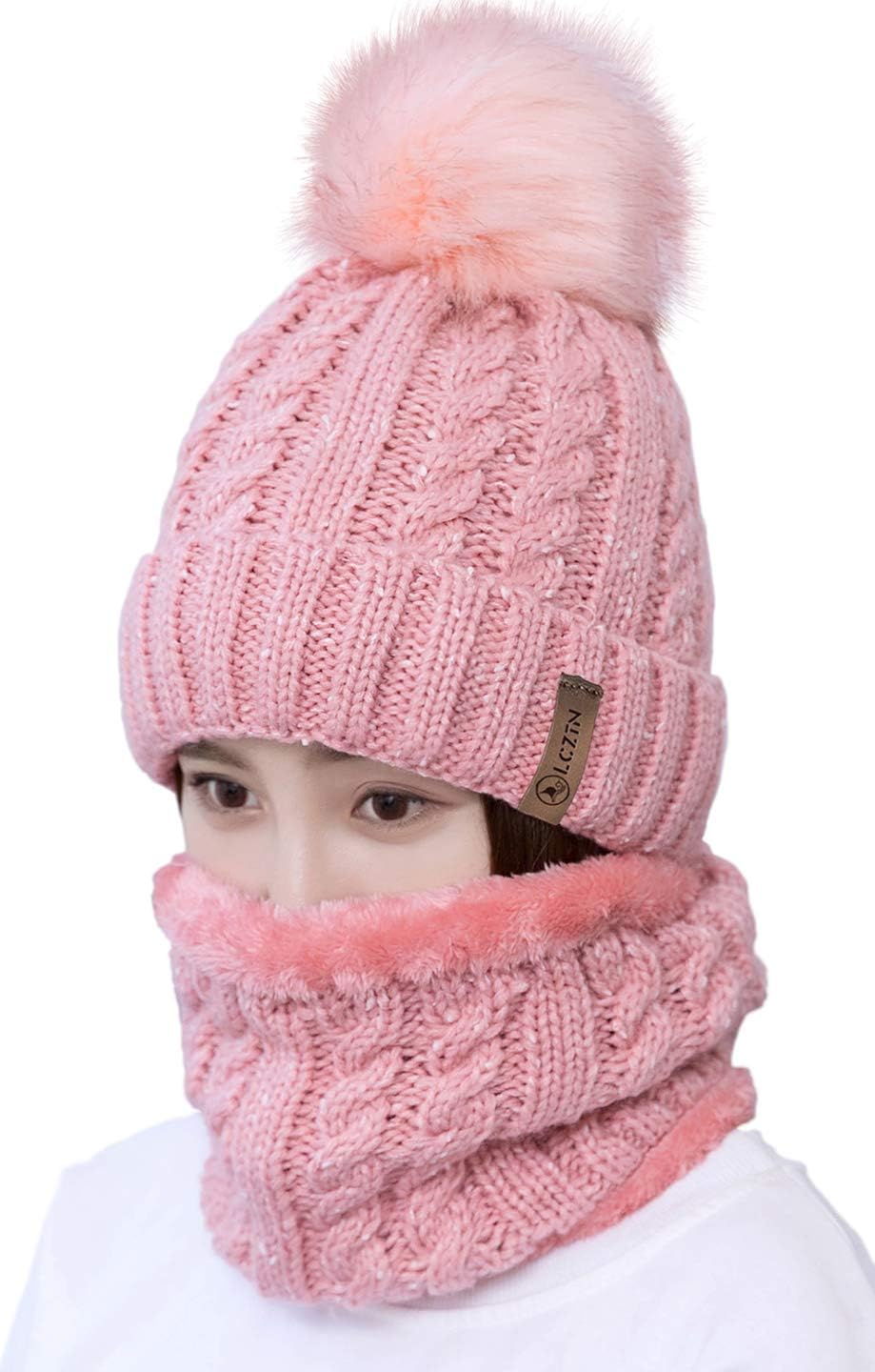 Womens Pom Beanie Hat Scarf Set Girls Cute Winter Ski Hat Slouchy Knit  Skull Cap With Fleece Lined 