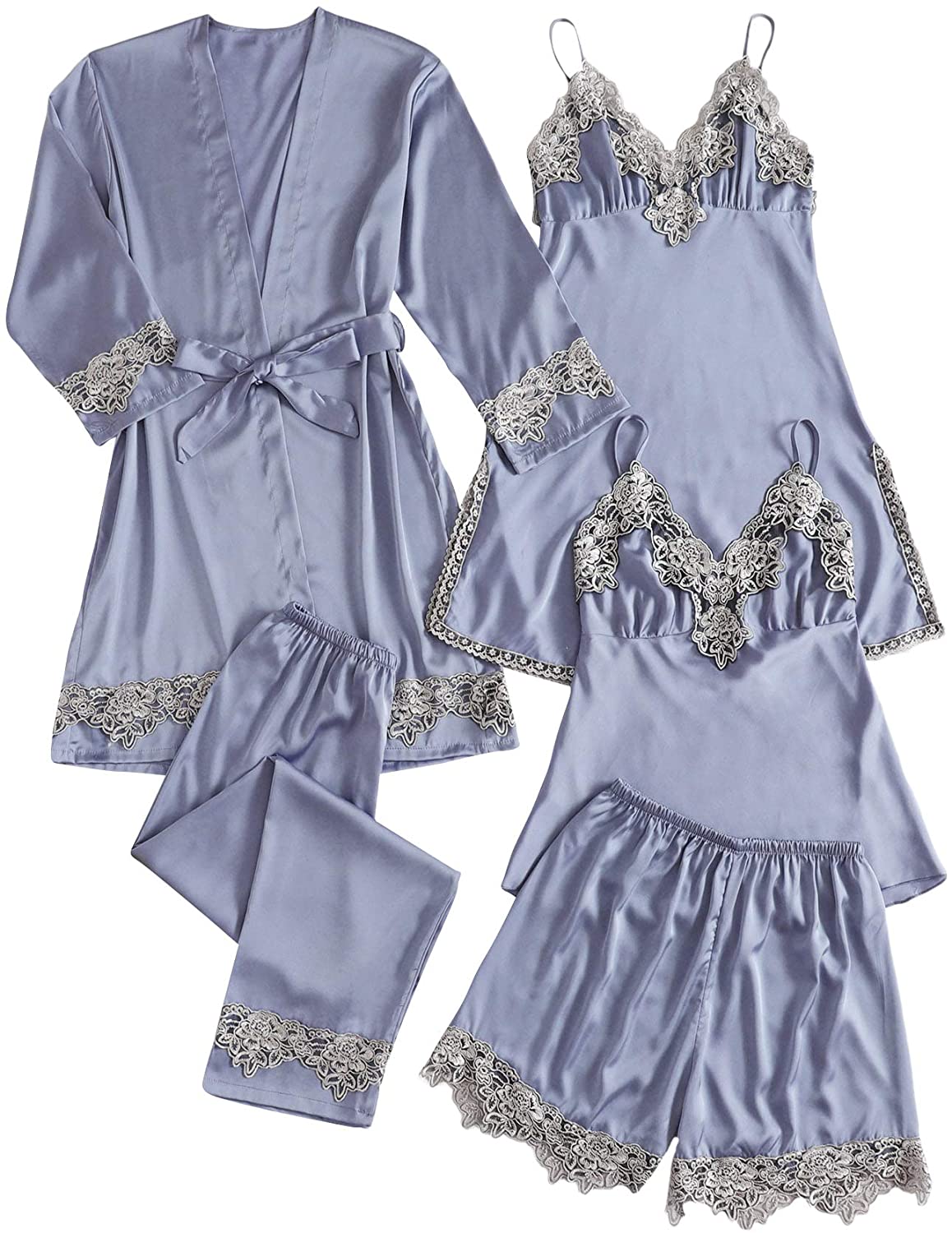 SOLY HUX Women's Sleepwear 4pcs Floral Lace Trim Satin Cami Pajama Set with  Robe