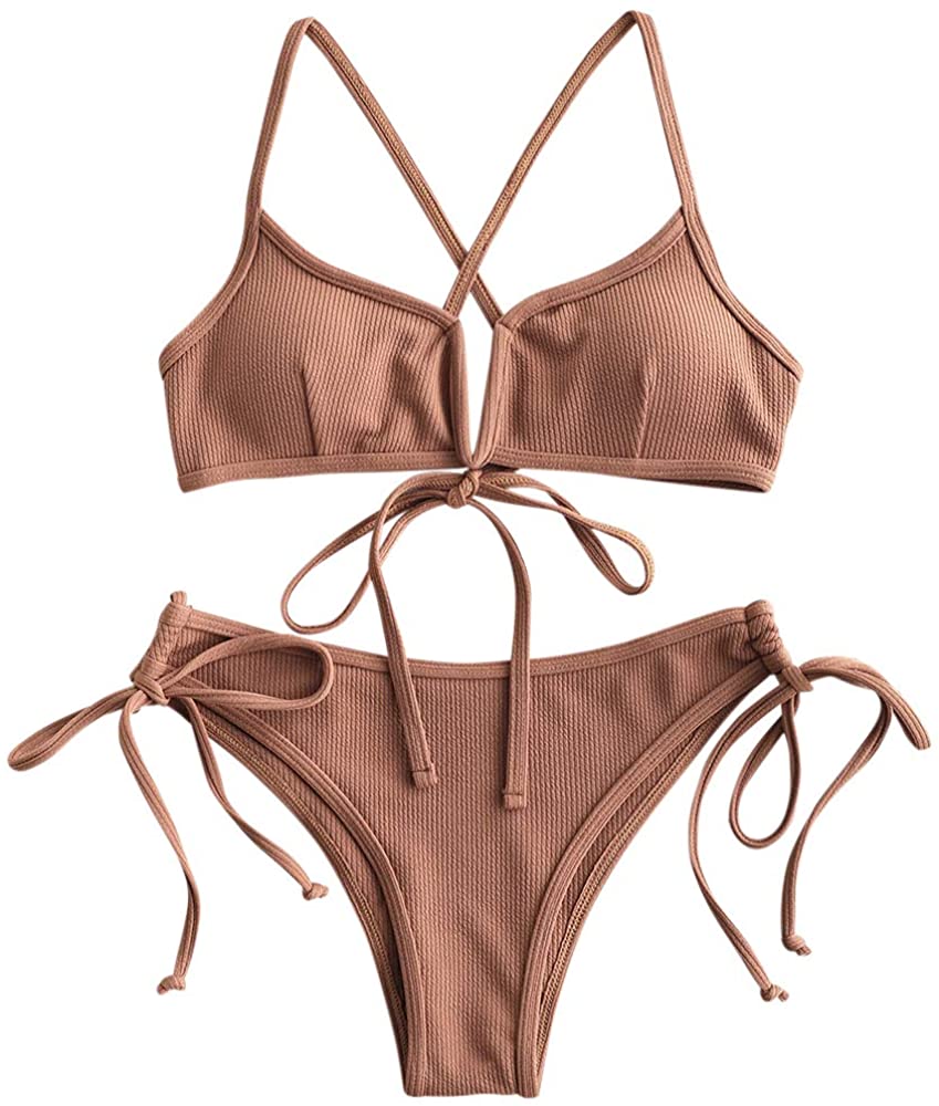 ZAFUL Womens V-Wire Padded Ribbed High Cut Cami Bikini Set Two Piece Swimsuit