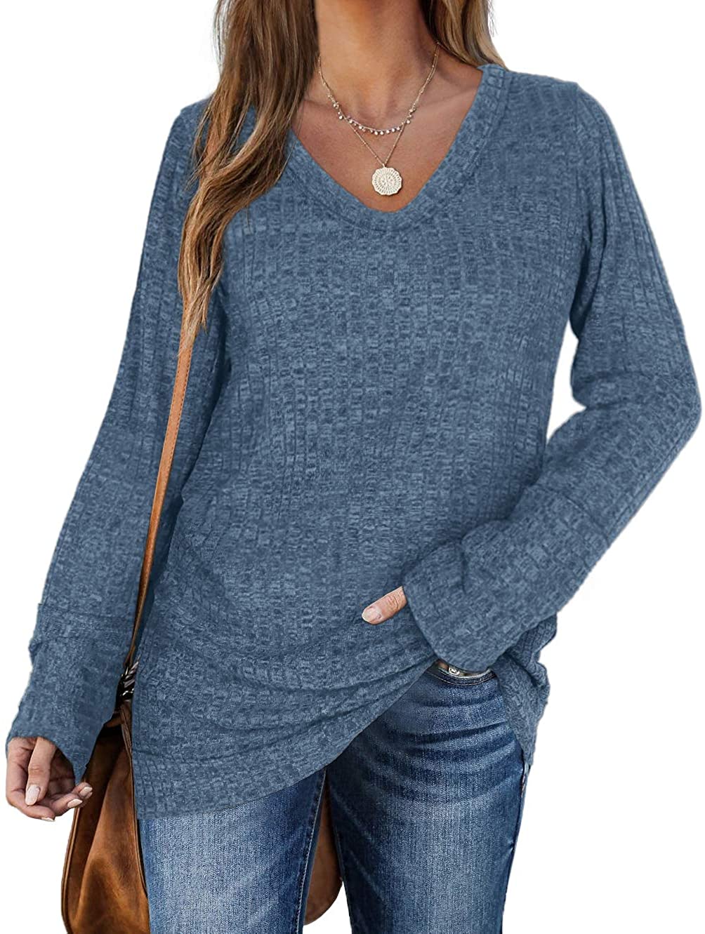 WIHOLL Sweaters for Women Long Sleeve V Neck Solid Color Fashion Tops 
