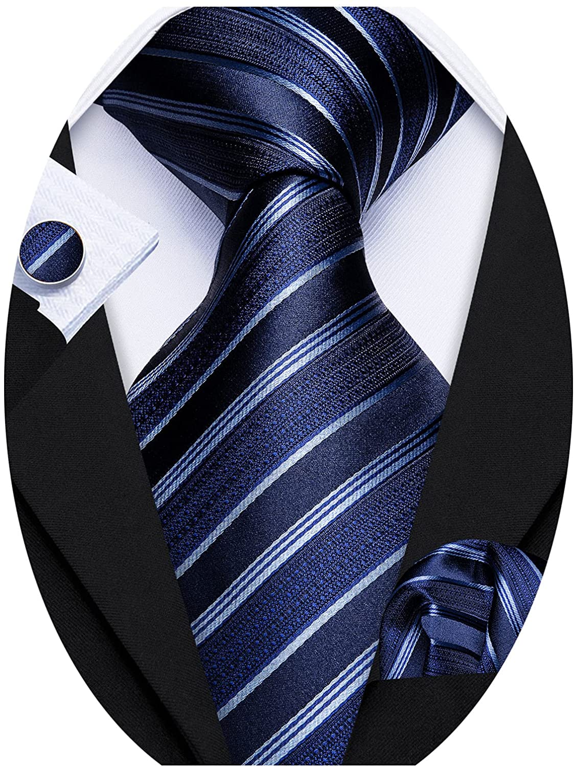 Classic Thin Striped Woven Mens Tie Necktie w/Pocket Square & Cufflinks Gift Set