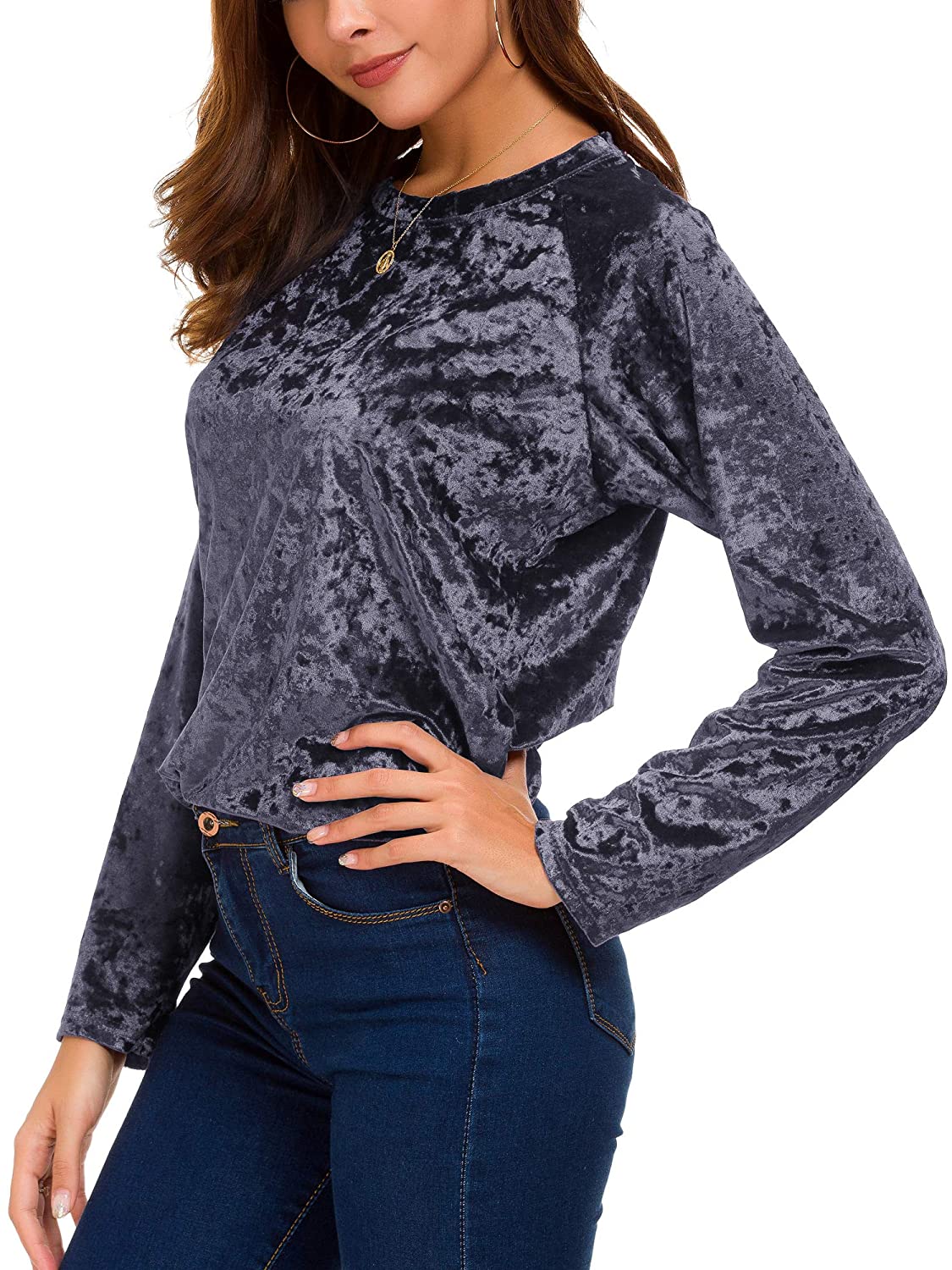Women's Vintage Velvet T-Shirt Casual Long Sleeve Top | eBay