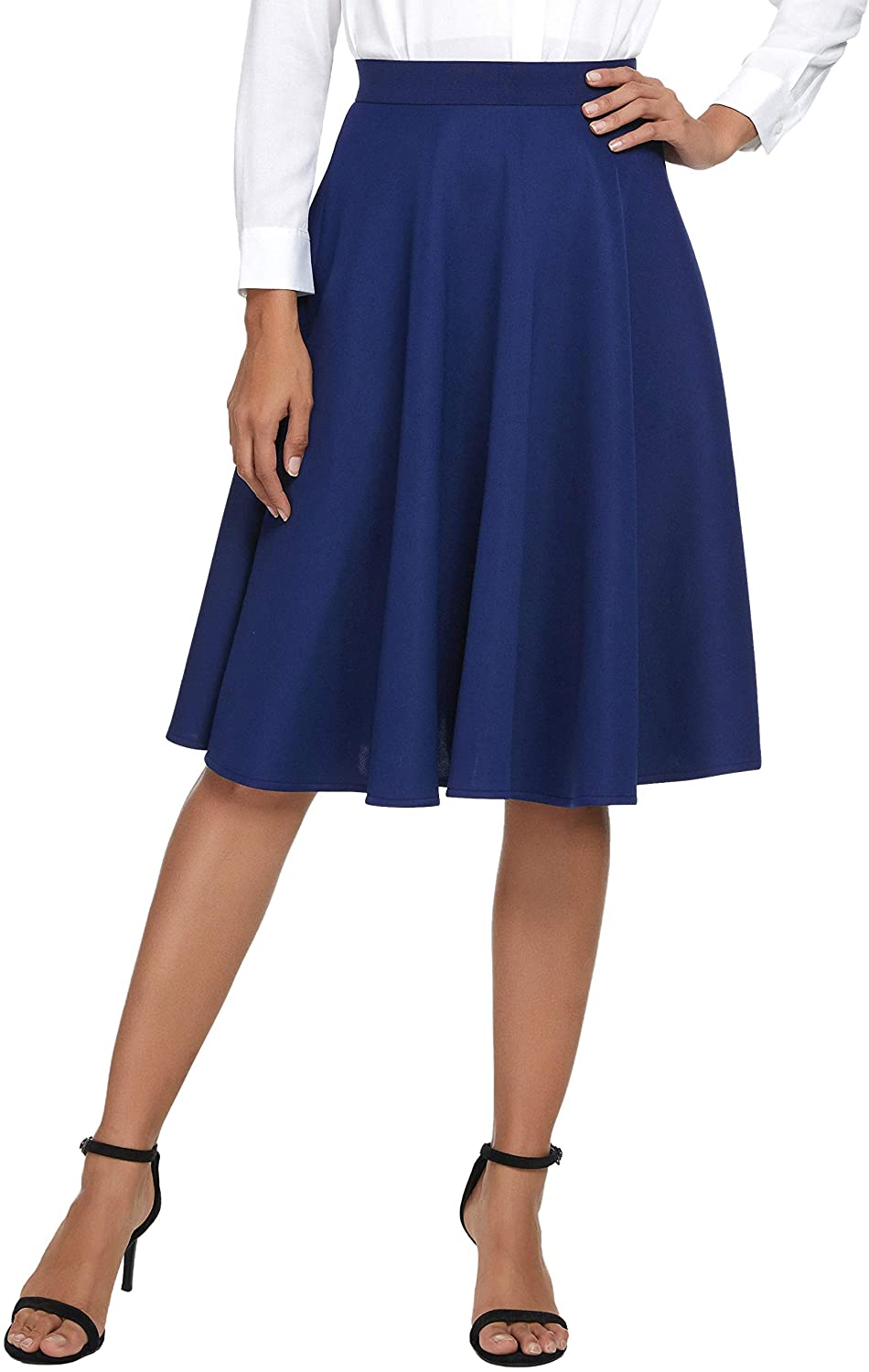 Urban CoCo Women's Basic Elastic Waist A-line Solid Flared Midi Skirt