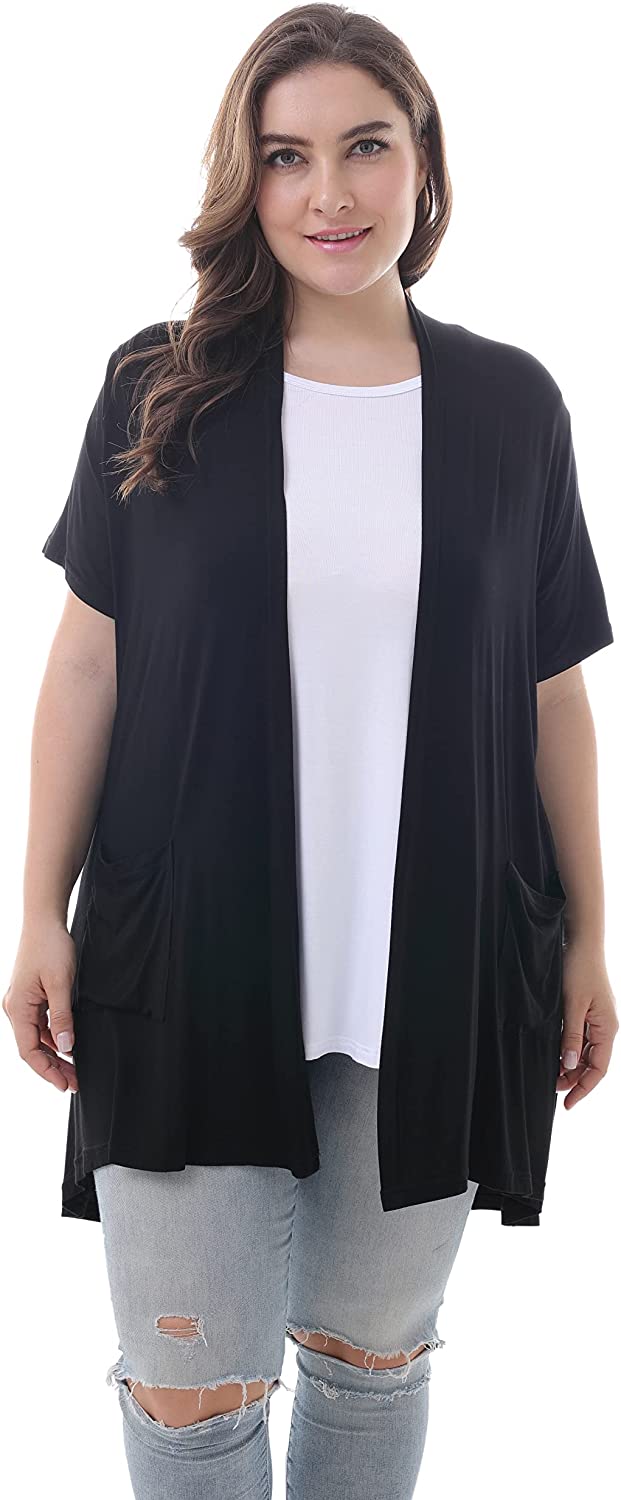ZERDOCEAN Women's Plus Size Short Sleeve Lightweight Soft Printed Drape Cardigan with Pockets 