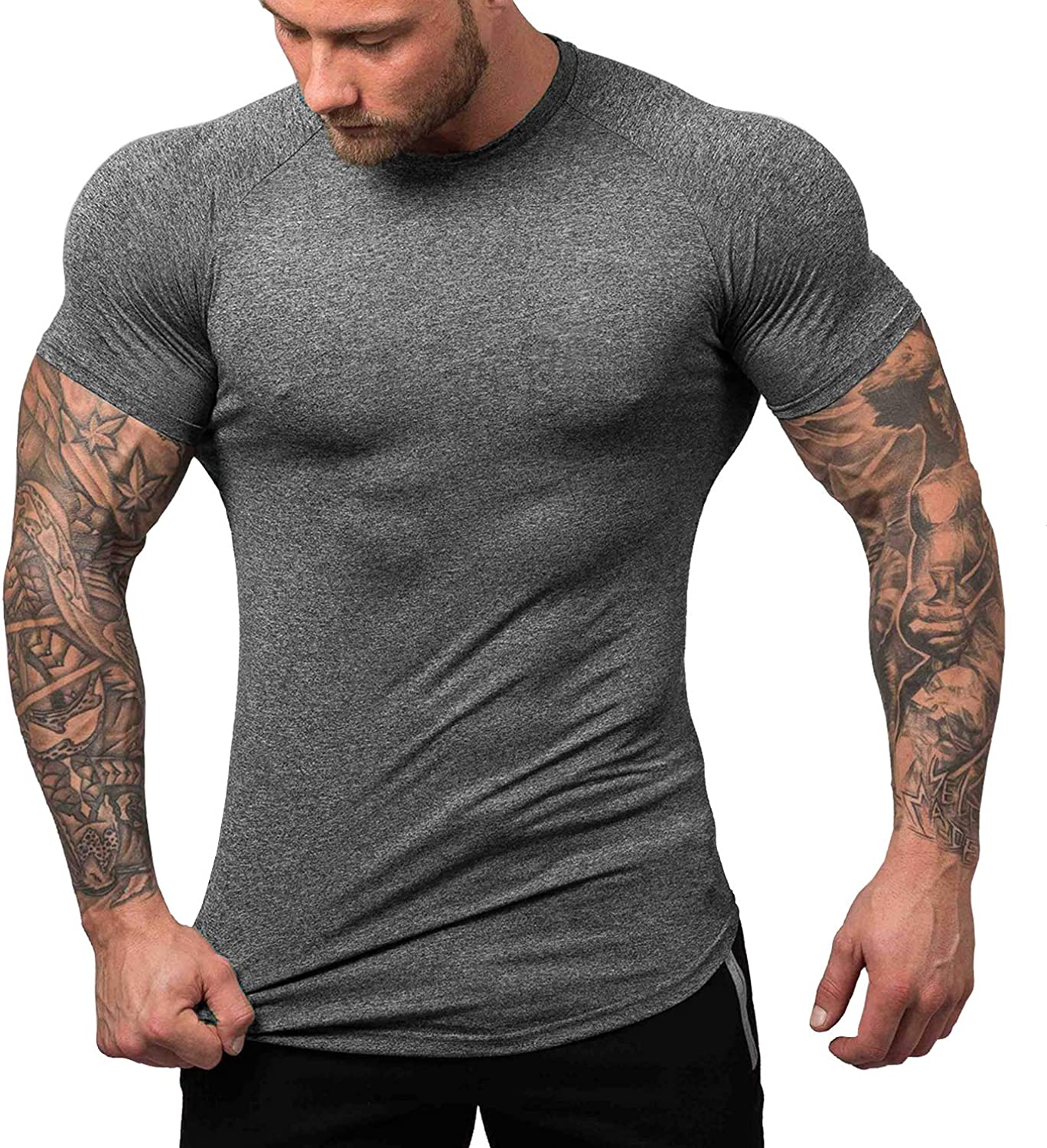 Details about   URRU Mens Quick Dry Fit Gym T-Shirts Contrast Color Workout Bodybuilding Trainin 