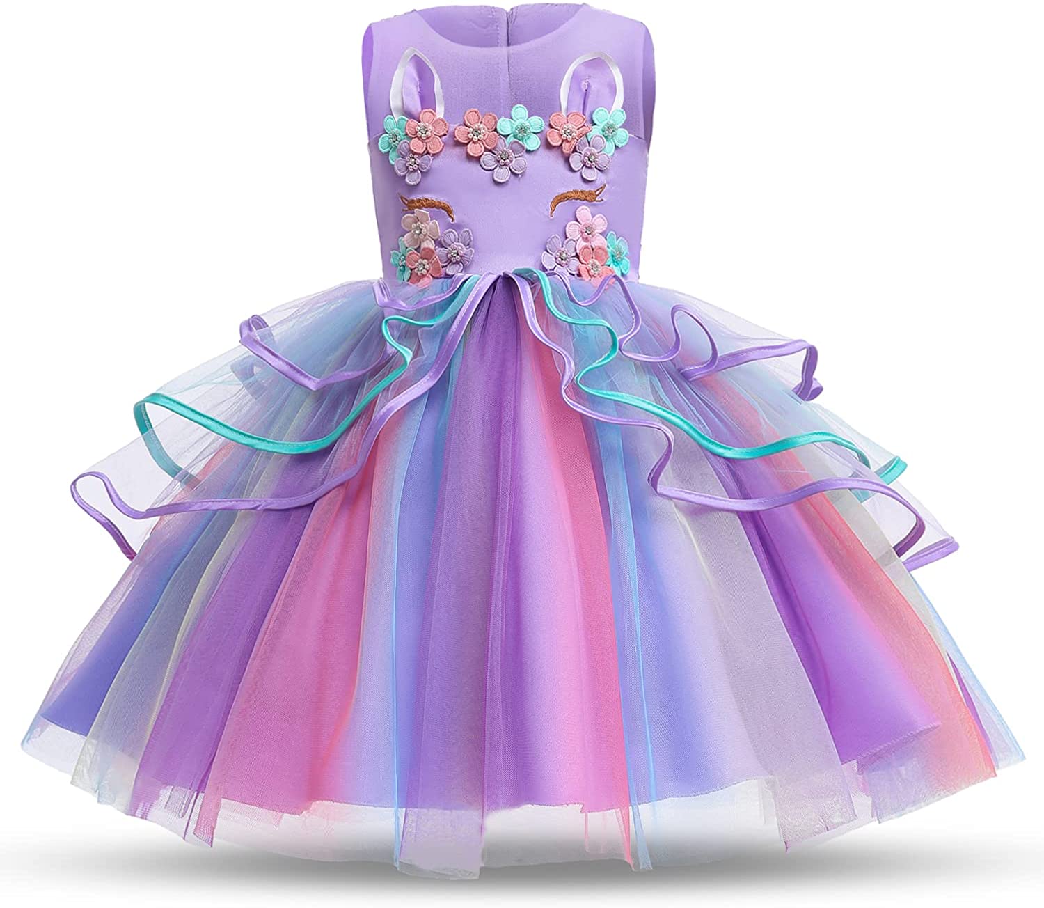 NNJXD Girl Dress Kids Ruffles Lace Party Wedding Gown Rainbow Tulle