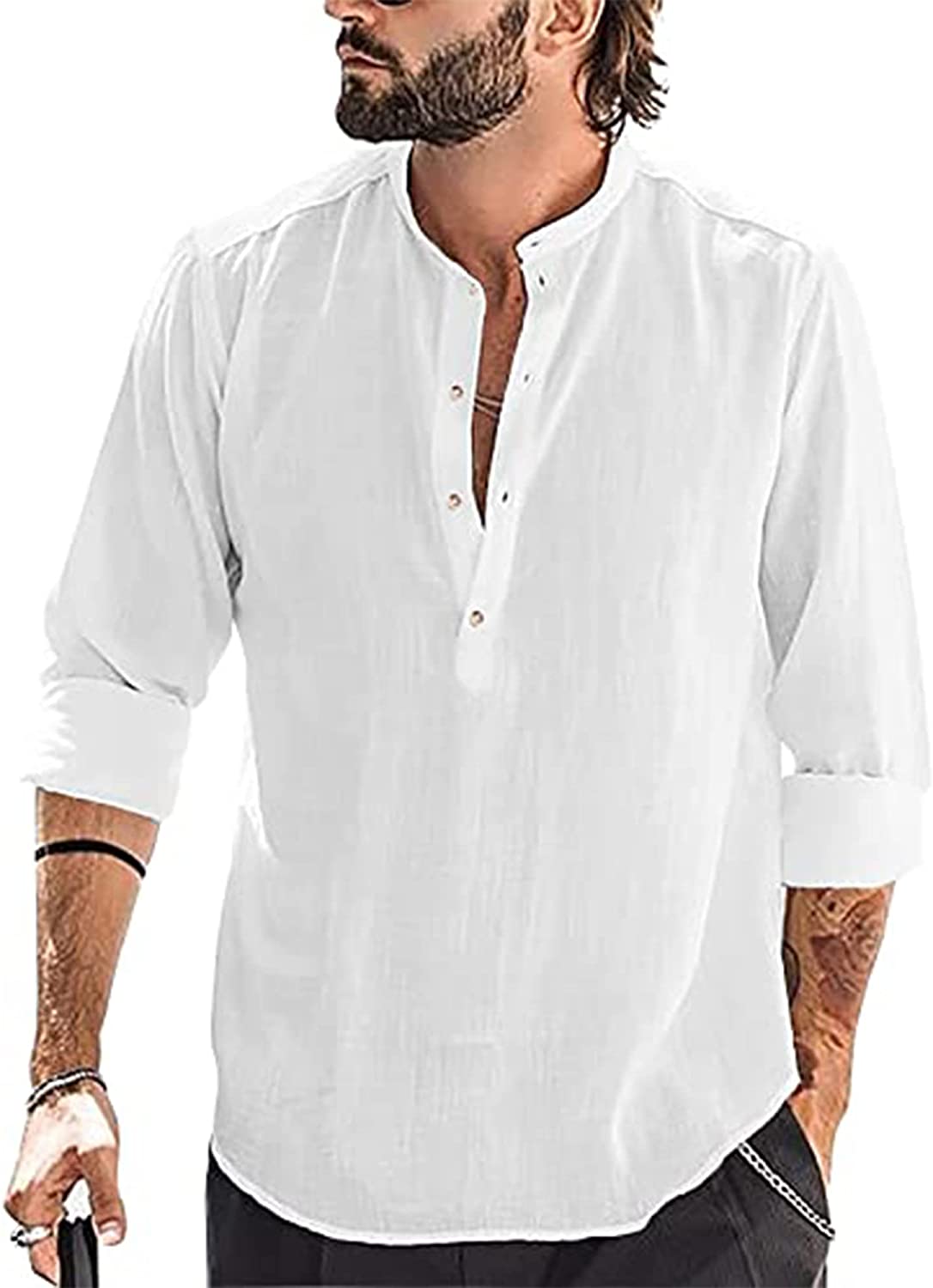 YAOBAOLE Mens Casual Cotton Linen T-Shirts Long Sleeve Regular Fit Beach Vacation Henley Shirt 