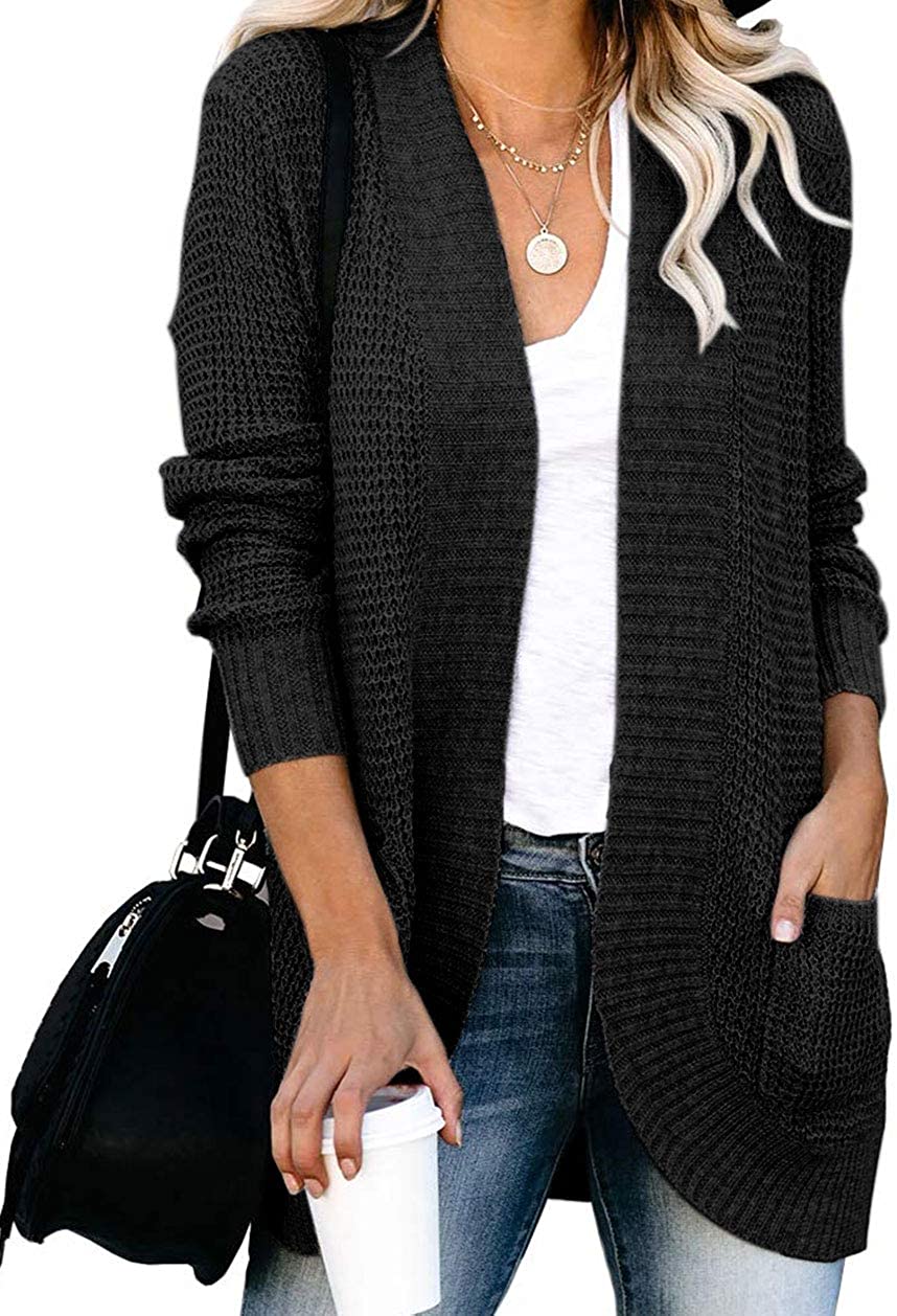 ZESICA Women's Casual Long Sleeve Button Down Open Front Cable Knit Cardigan Sweater Coat with Pockets 