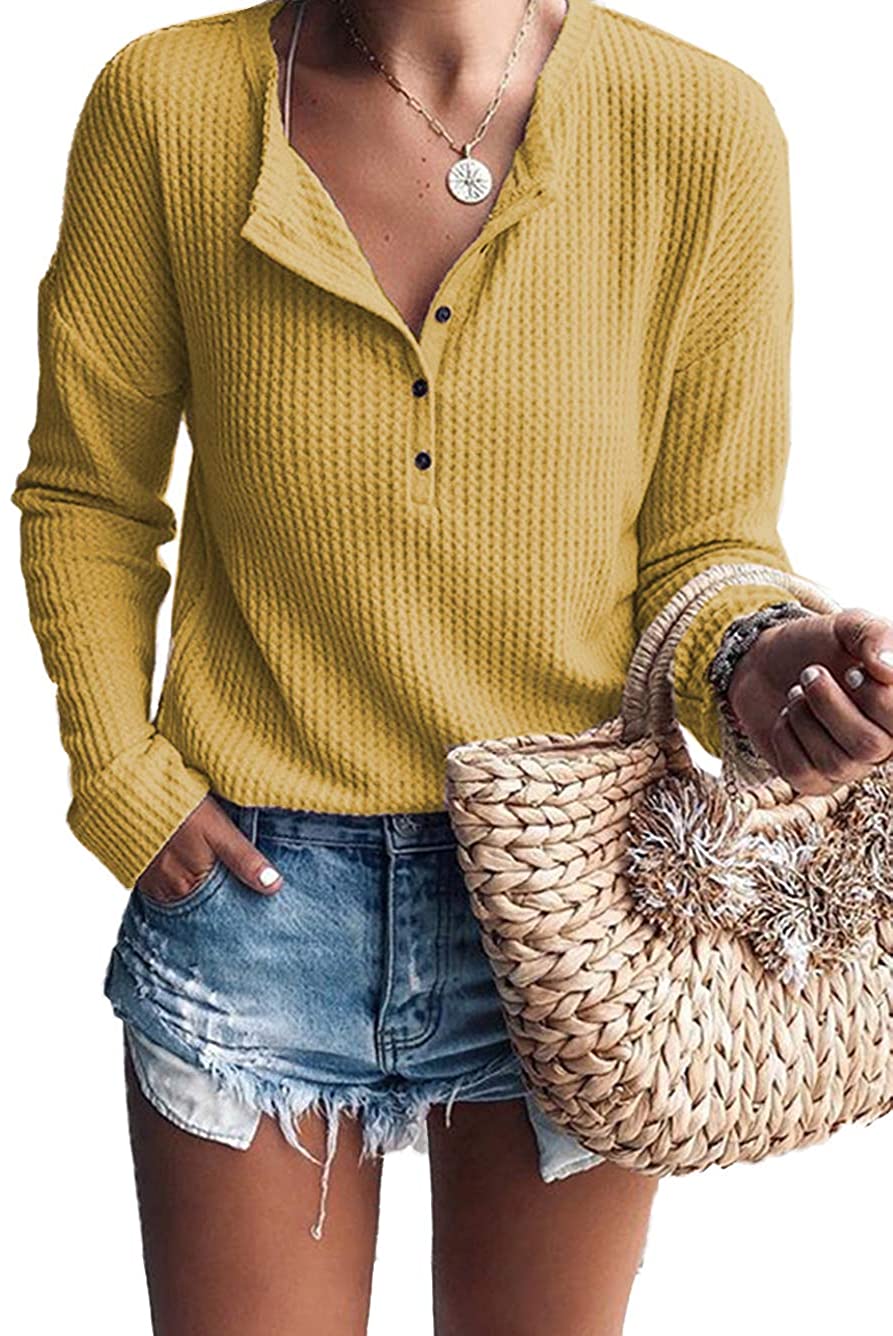 Famulily Women's Waffle Knit Tunic Tops Loose Long Sleeve Button Up V Neck  Henley Shirts