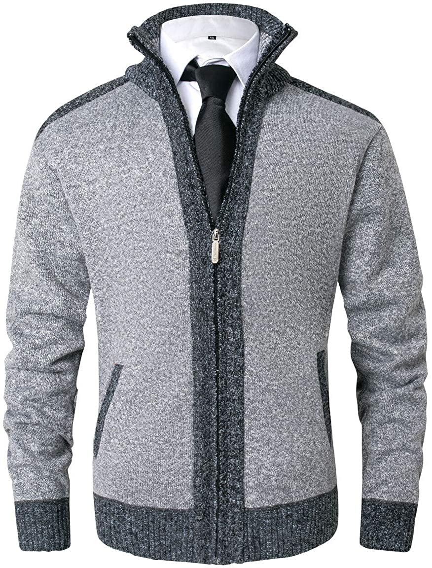 XinYangNi Men's Casual Slim Full Zip Thick Knitted Cardigan Sweaters with Pockets 