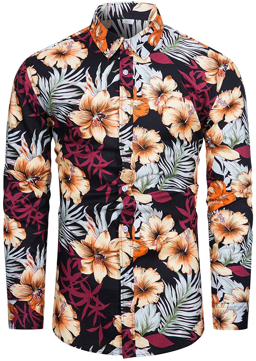 TUNEVUSE Mens Floral Dress Shirt Long Sleeve Hawaiian Button Down Flower Patterned Shirt Cotton