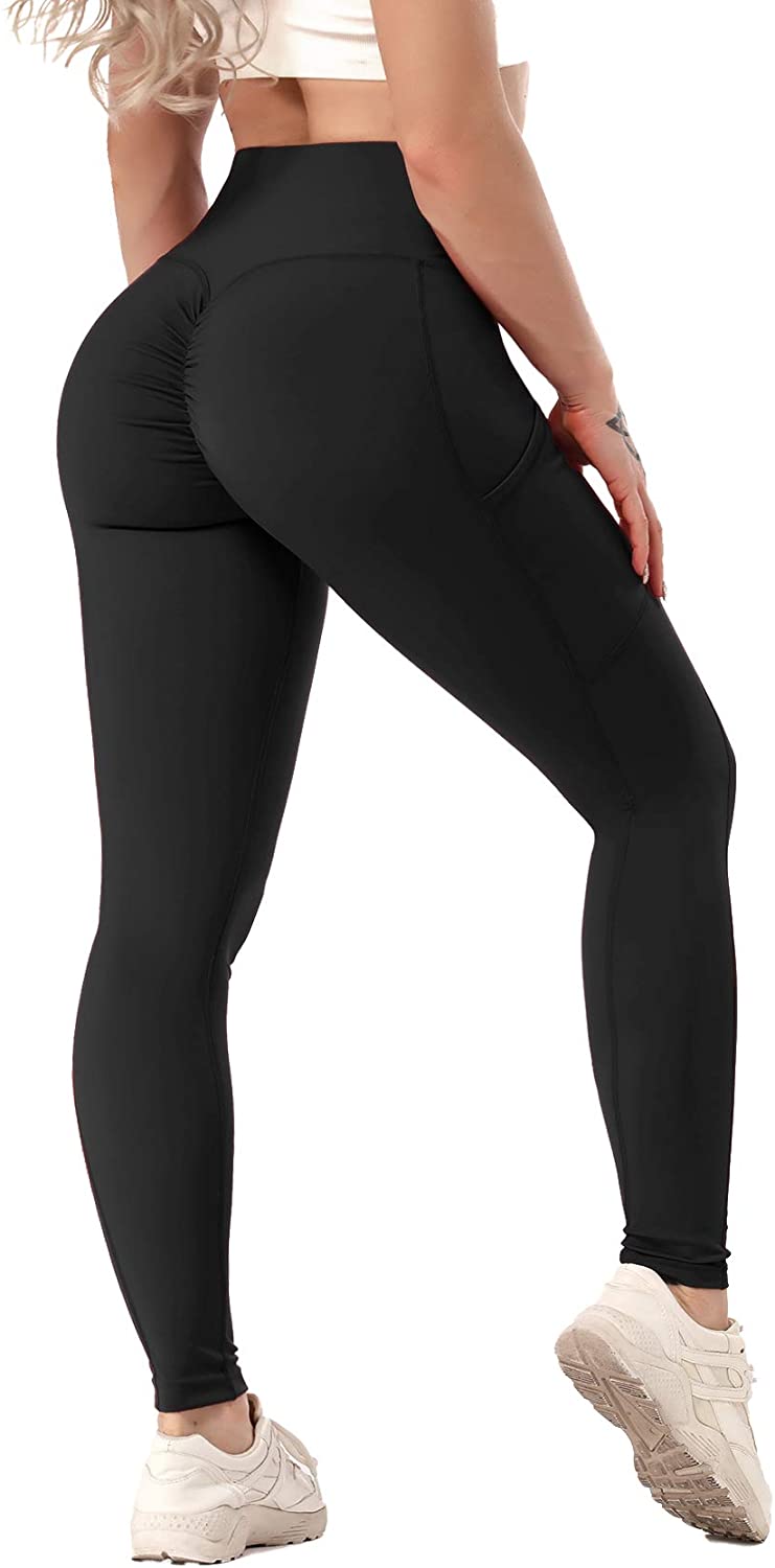 SEASUM Women High Waisted Workout Yoga Pants Butt Lifting Scrunch Booty  Leggings Tummy Control Anti Cellulite Textured Tights #1 U-capris Black  Large