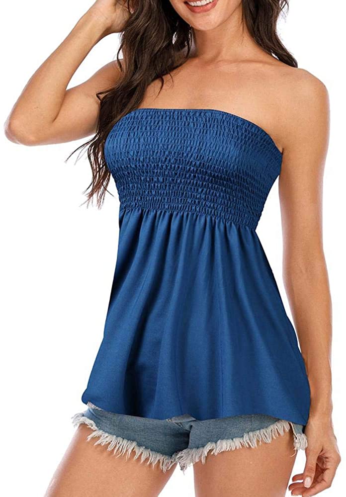 Women's Tube Top Shirt Strapless Blouse Pleated Backless Stretchy Tunic  Tanks Shirt Tops