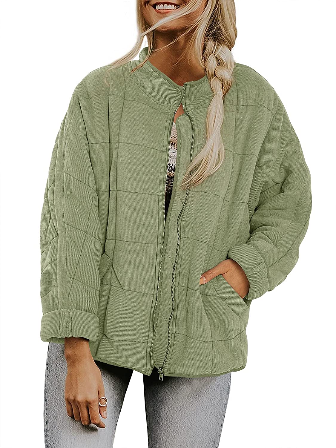 Womens Dolman Lightweight Quilted Jackets Zip Up Long Sleeve Stand