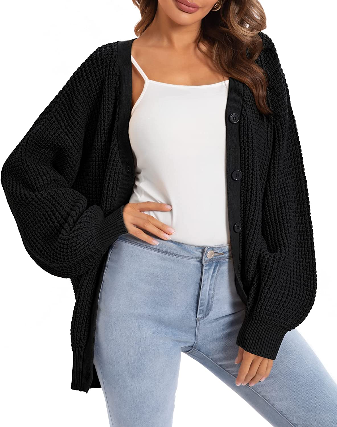 QUALFORT Women's Cardigan Sweater 100% Cotton Button-Down Long Sleeve  Oversized