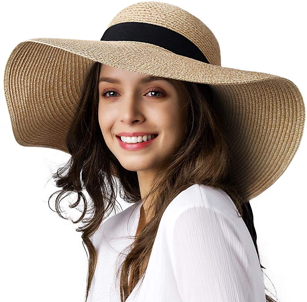 Womens Sun Straw Hat Wide Brim UPF 50 Summer Hat Foldable Roll up Floppy  Beach H