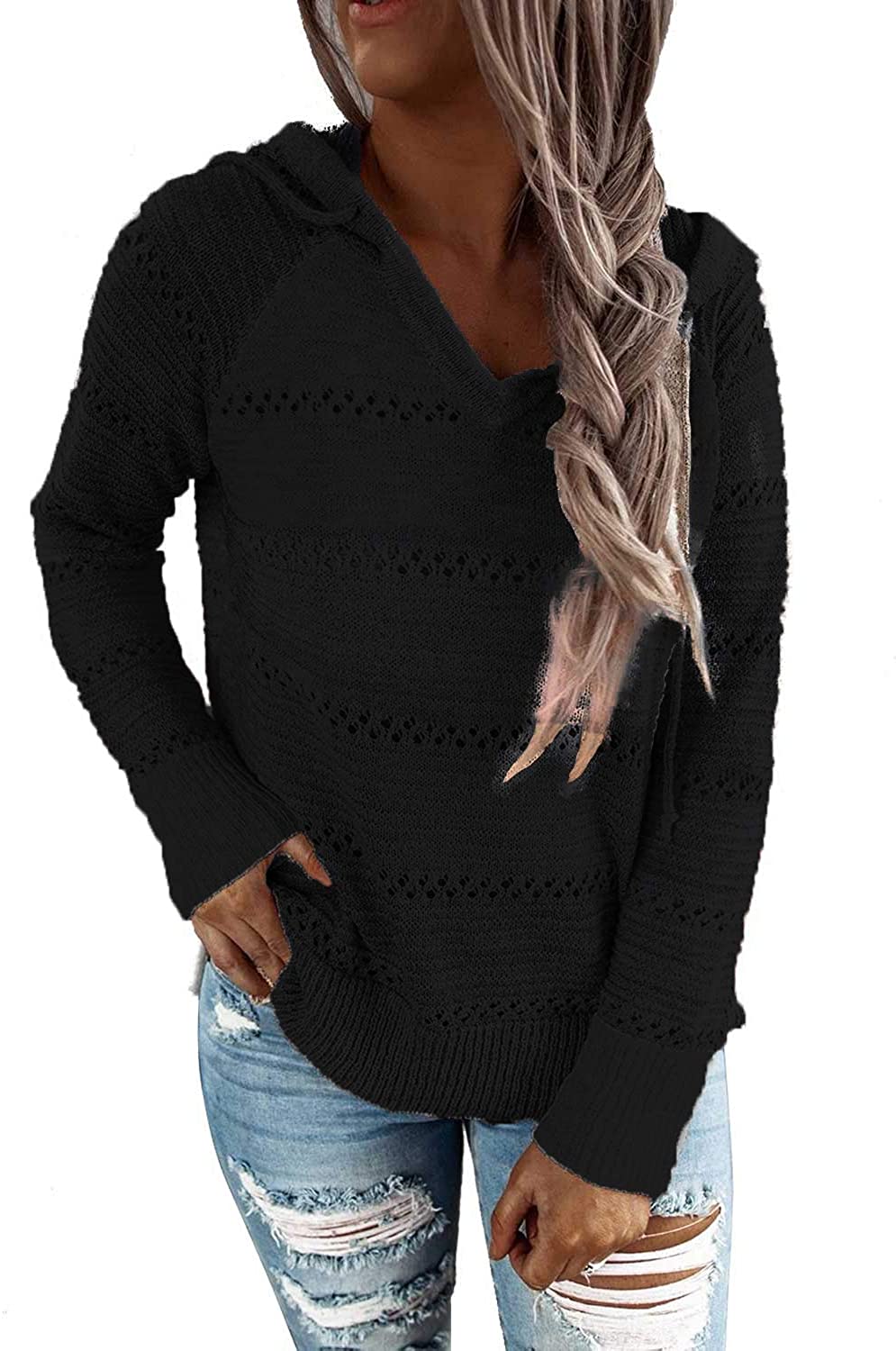 ANFTFH Casual Sweater V-Neck Colorful Stripe Hoodies Hollow Out Loose Pullover for Women