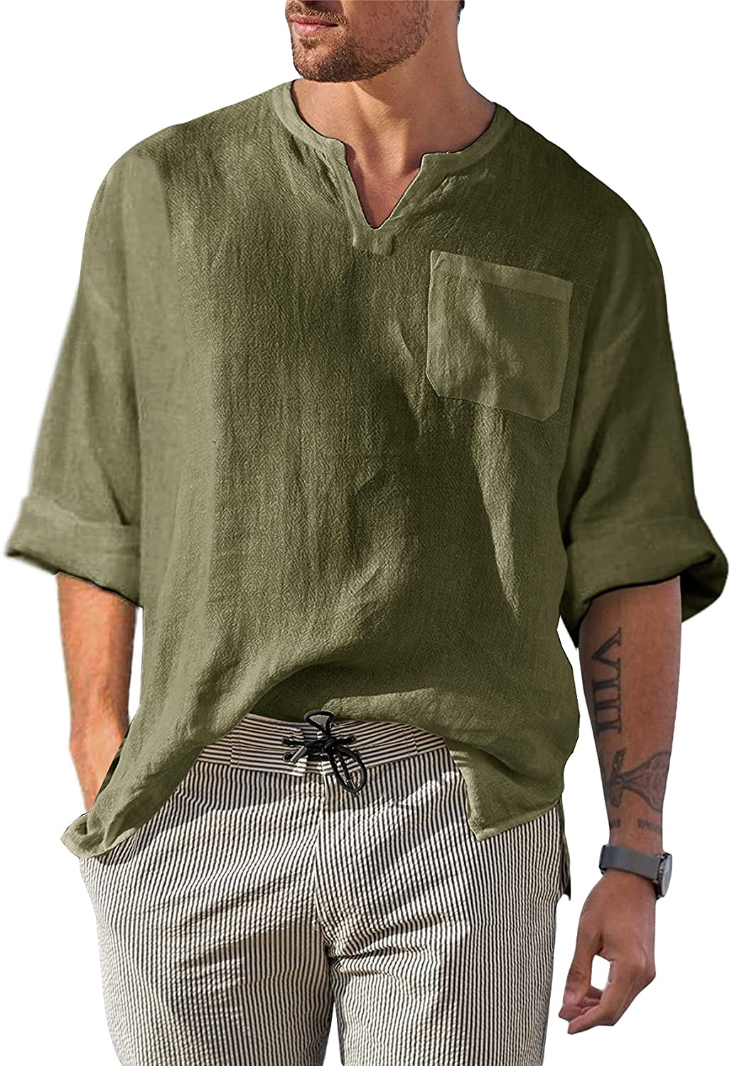 Men's Casual 3/4 Sleeve Linen Henley T-Shirt High Low Solid Casual Beach Yoga Top Loose Fit Hippie Shirts 