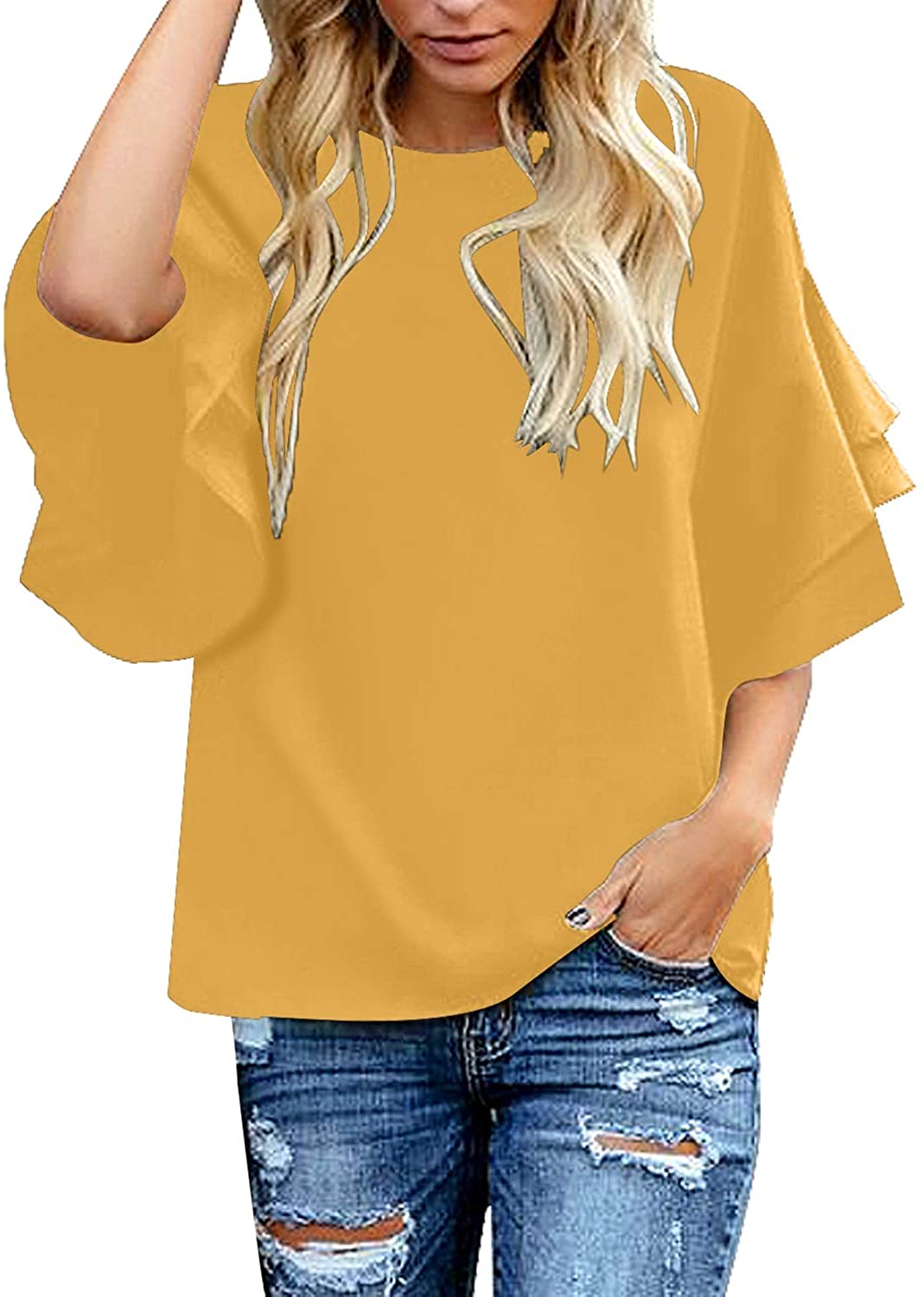 luvamia Womens Casual 3/4 Tiered Bell Sleeve Crewneck Loose Tops Blouses Shirt