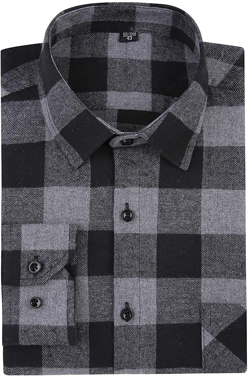 DOKKIA Mens Dress Buffalo Plaid Checkered Fitted Long Sleeve Flannel Shirts