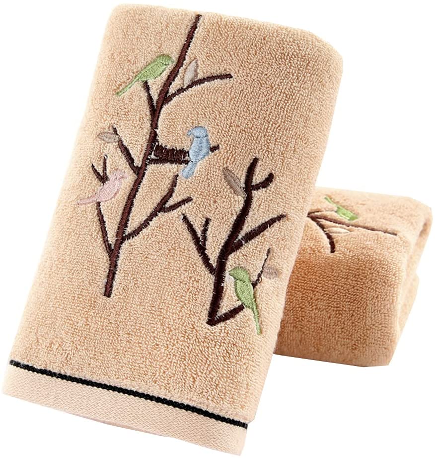 Pidada 100% Cotton Embroidered Bird Tree Pattern Hand Towels for Bathroom  Set of 2 (Brown)