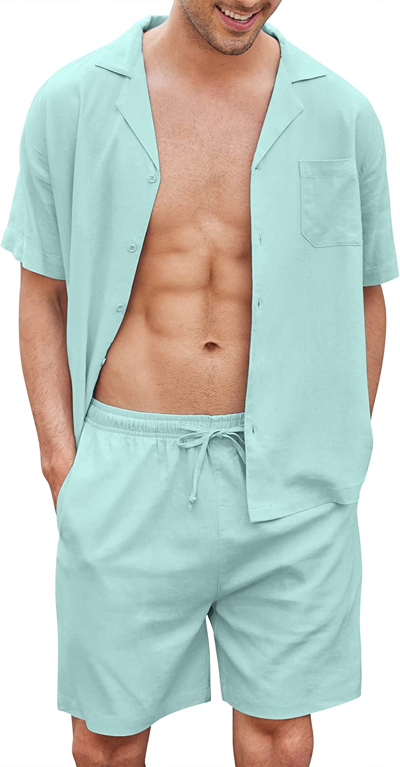 COOFANDY Men's Linen Shirts Short Sleeve Button Up Shirts Beach Hawaiian 2 Piece Short Set 