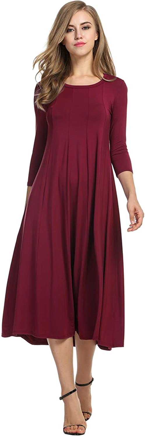 Hotouch Women's 3/4 Sleeve A-line and Flare Midi Long Dress