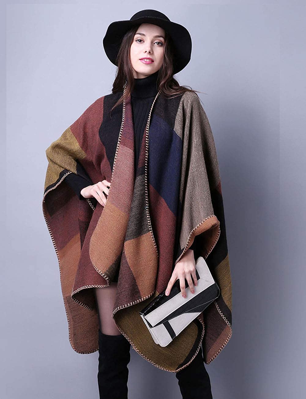 Women's Plaid Sweater Poncho Cape Coat Open Front Blanket Shawls and ...