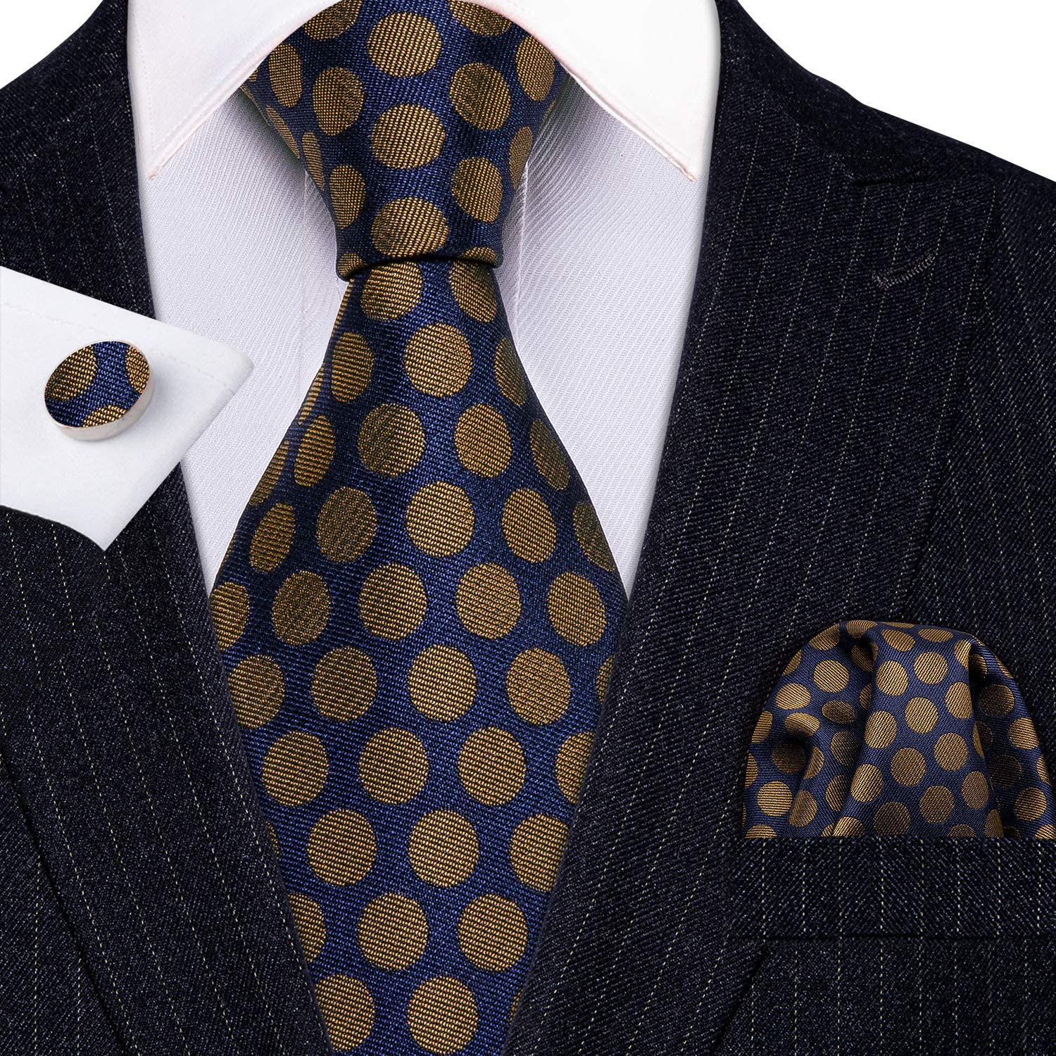 Barry.Wang Men's Tie Set Polka Dot Handkerchief Cufflinks Fashion Neckties Wedding Business 
