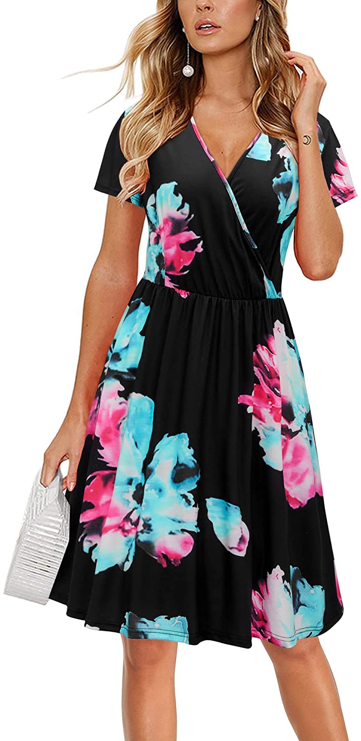 STYLEWORD Women's Short Sleeve Floral Summer Dress V Neck Casual Midi Sundress with Pockets