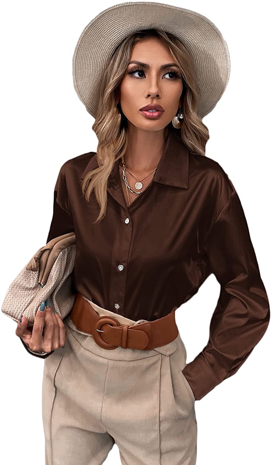 SOLY HUX Women's Satin Silk Long Sleeve Button Down Shirt Formal Work  Blouse Top