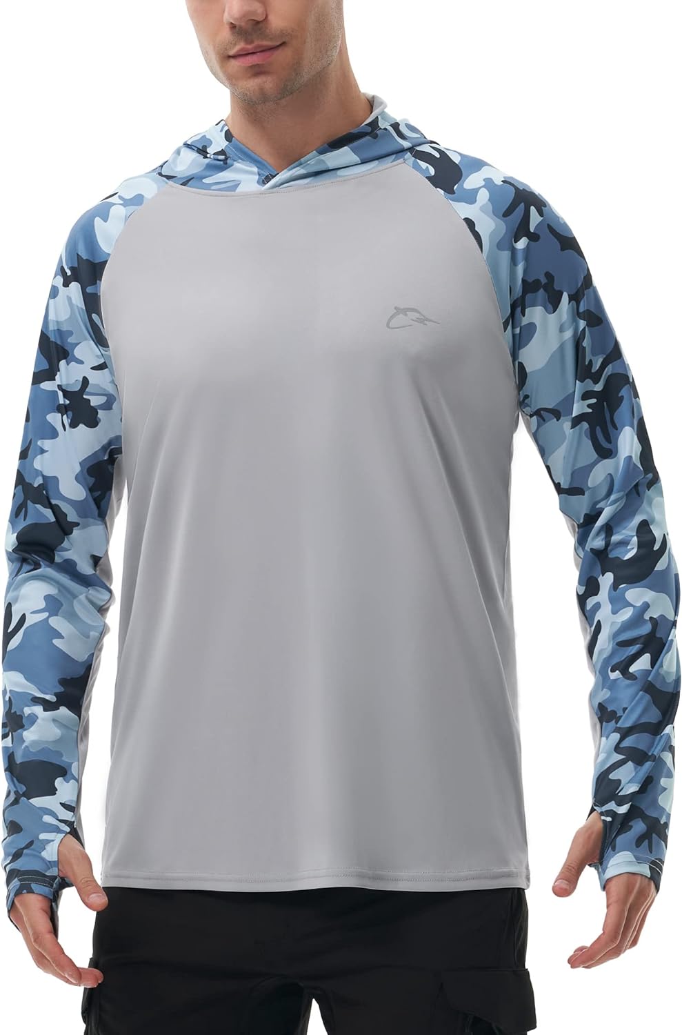 FISHEAL Men's Performance Fishing Hoodie Shirt - UPF 50+ Camo Long Sleeve  Thumbholes Shirts with Mesh Face Mask Sparkling Blue Camo Large
