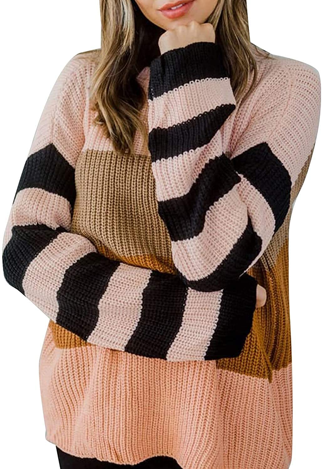thumbnail 18  - ZESICA Women&#039;s Long Sleeve Crew Neck Striped Color Block Casual Loose Knitted Pu