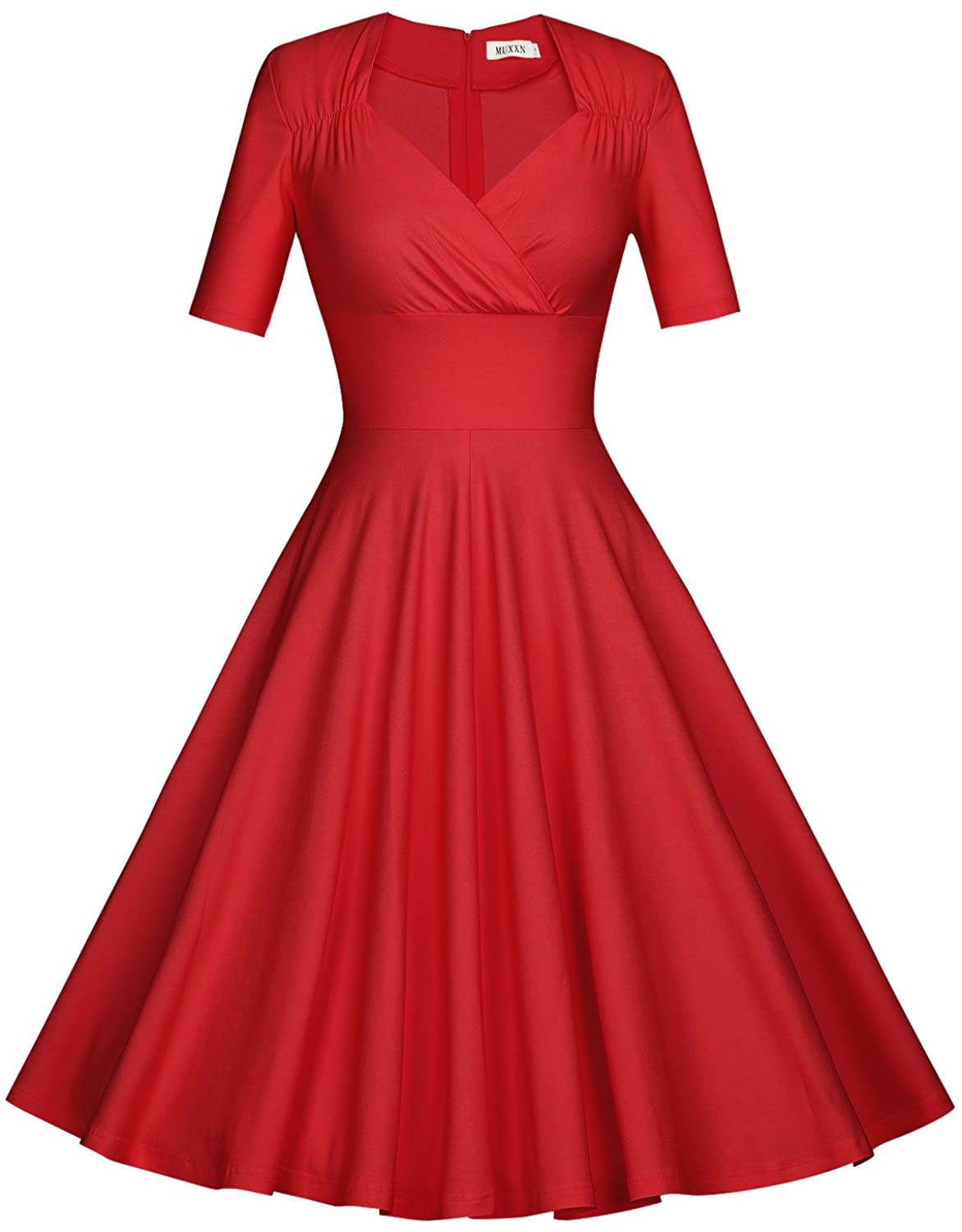 MUXXN Womens 50s Vintage Short Sleeve Pleated Swing Dress