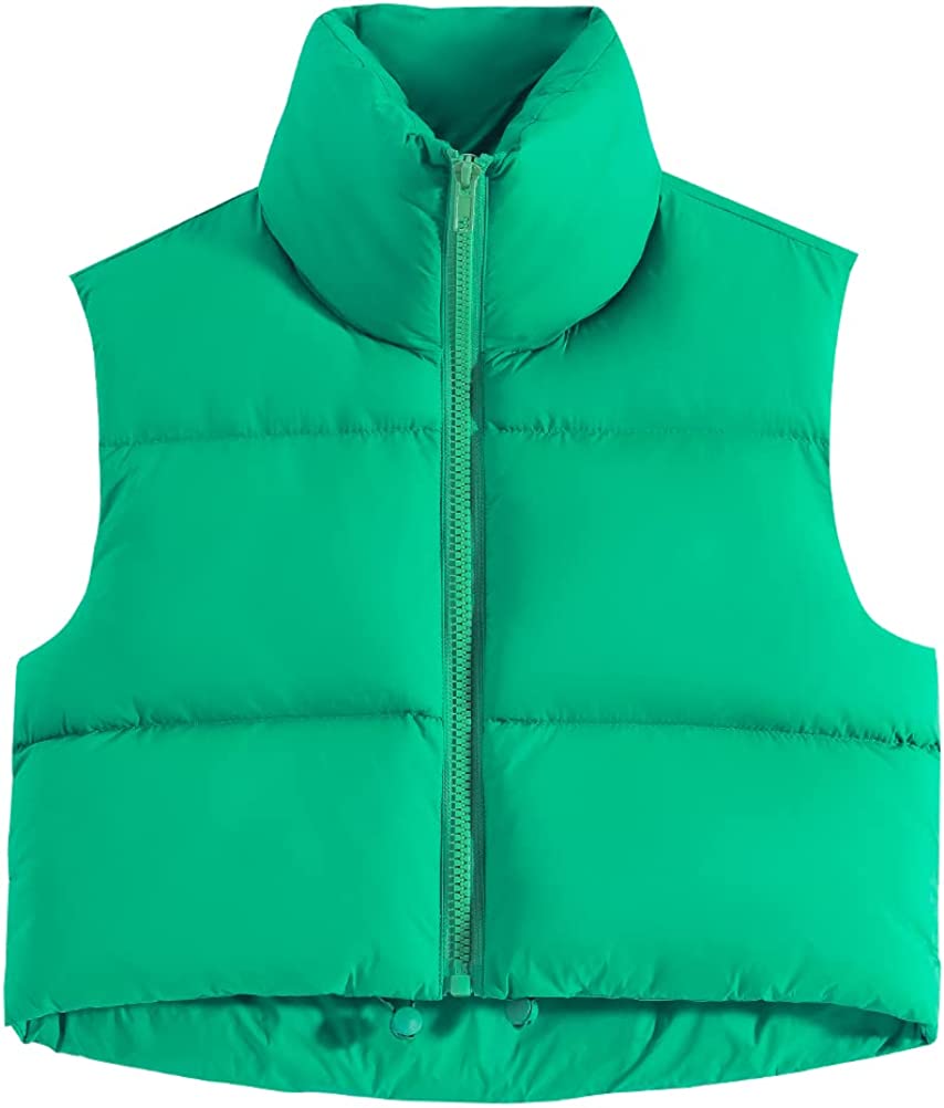 Fuinloth Women's Padded Vest, High Stand Collar Lightweight Zip Crop Puffer  Gile