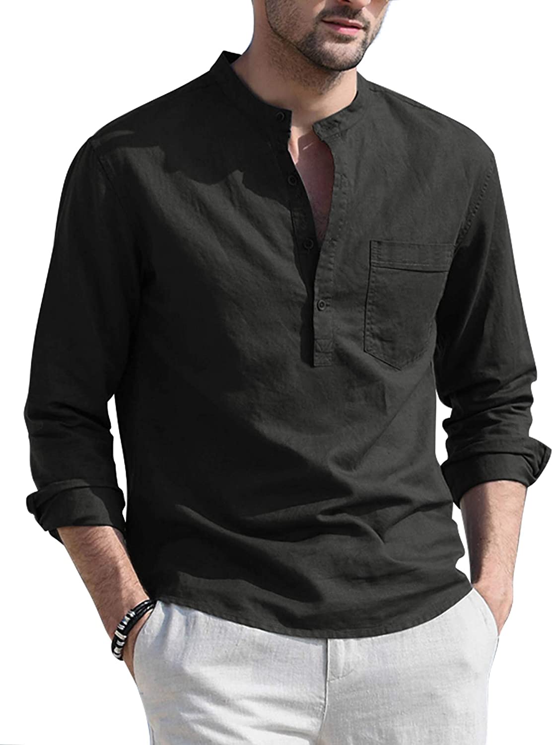 COOFANDY Mens Cotton Linen Print Mandarin Collar Long Sleeve Button Down Shirt