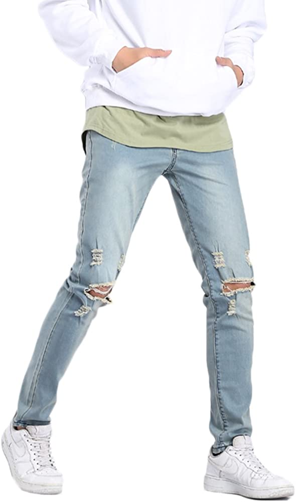 NEGJ Mens Ripped Jeans Stretch Knee Holes Skinny Slim Denim Pants Destroyed  Frayed Trousers With Pockets Fashion Patchwork at  Men's Clothing  store