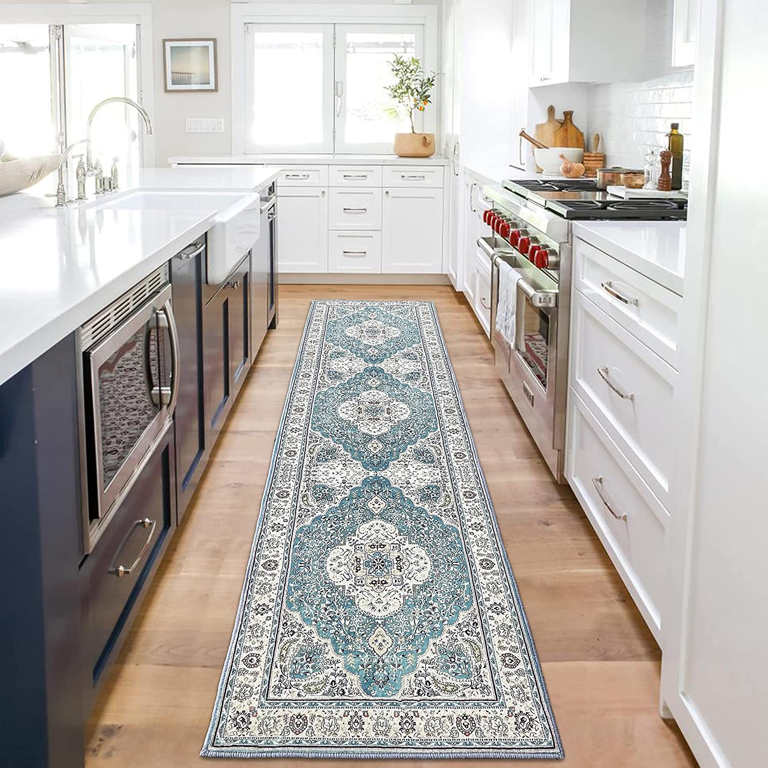 Boho Persian Runner Rug, Washable Distressed Hallway Runner