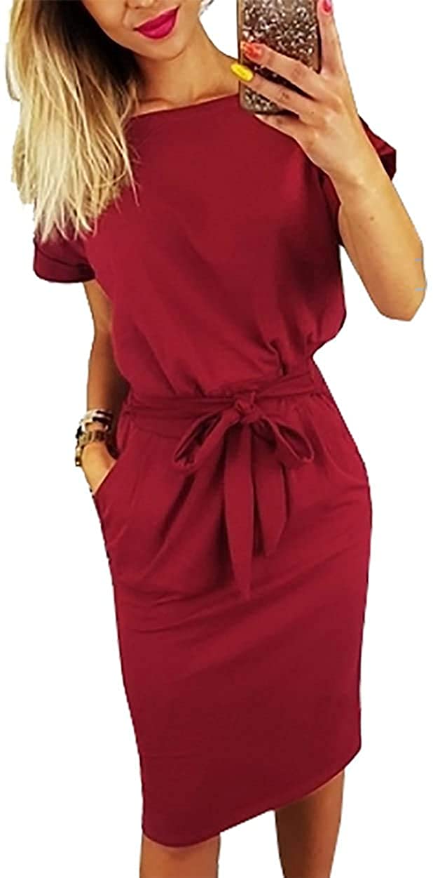 Longwu Women's Elegant Comfortable Casual Short Sleeve Pencil Dress with  Belt Po | eBay
