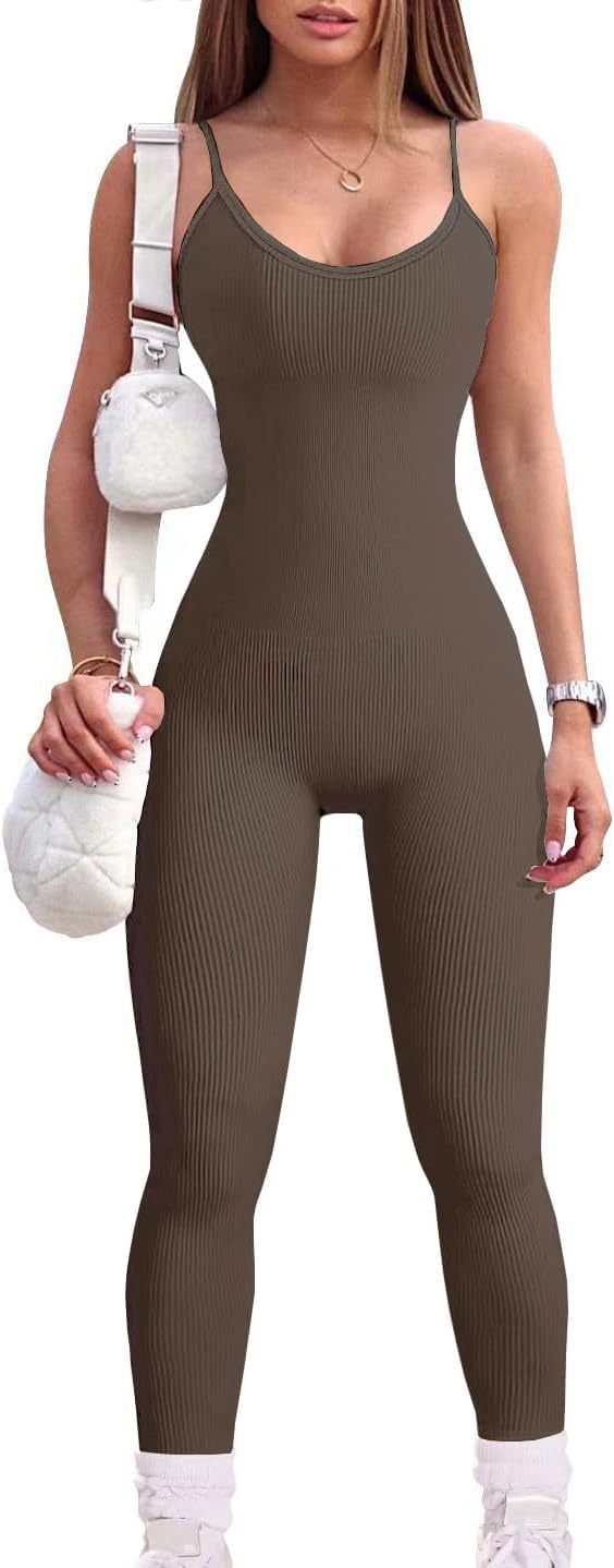 YIOIOIO Women Workout Seamless Jumpsuit Yoga Ribbed Bodycon One Piece  Spaghetti