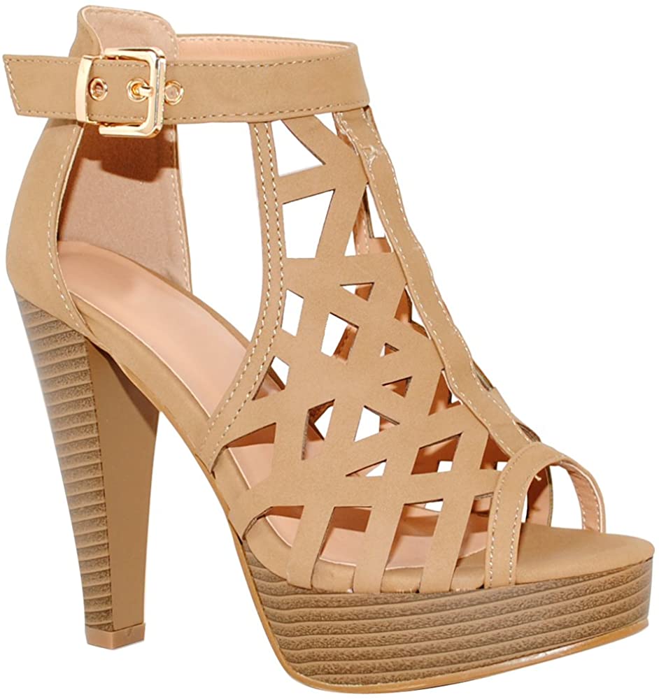TRENDSUP COLLECTION Open Toe Ankle Strap Sandal Western Bootie Stacked Heel Open Toe Cutout Shoes 
