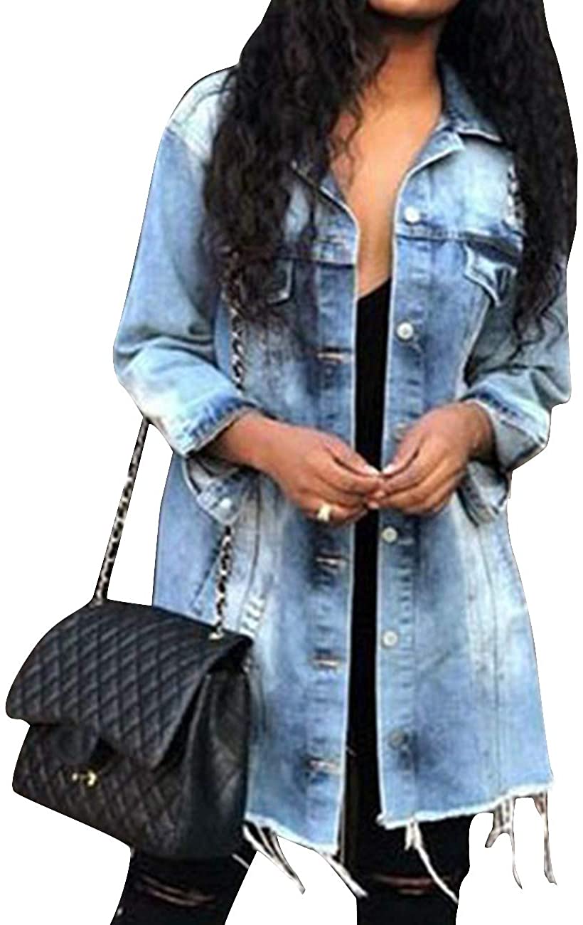 Women's Distressed Denim Jeans Outfits Coat Spring Fall Ripped Jeans Outerwear Denim Jacket