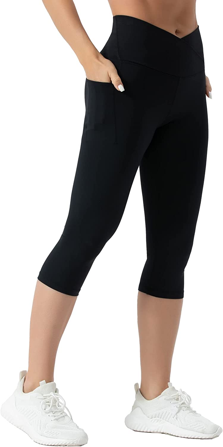 THE GYM PEOPLE Women's V Cross Waist Workout Leggings Tummy Control Running Yoga  Pants with Pockets