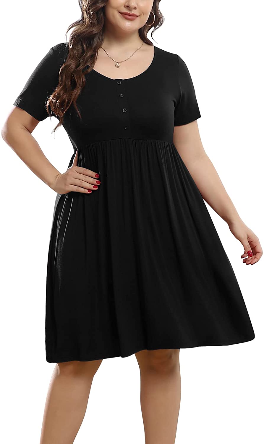 POSESHE Women Plus Size Dress V Neck Short Sleeve Summer Casual Swing Short  Loose Flowy Dress Black Large : : Clothing, Shoes & Accessories