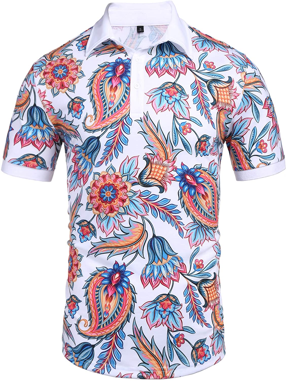 Daupanzees Men's Luxury Casual Long Sleeve Floral Print Jersey Polo Shirt 