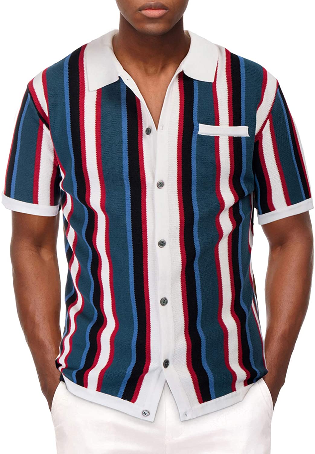 Men’s Short Sleeve Knit Shirt Vintage Stripe Lapel Collar Polo Shirt 