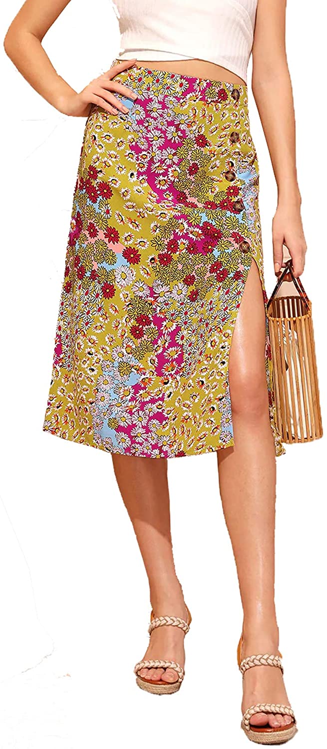 Floerns Women's Boho Floral High Waist Split A Line Midi Skirt